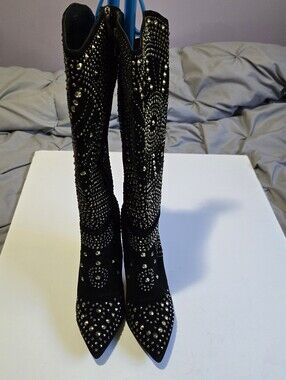 Olivia Miller Black Studded Knee-High Pointed-Toe Boots
